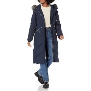 NWT Andrew Marc Phoebe Down-Filled Faux Fur Trim Zip Front Long Coat Blue Size S